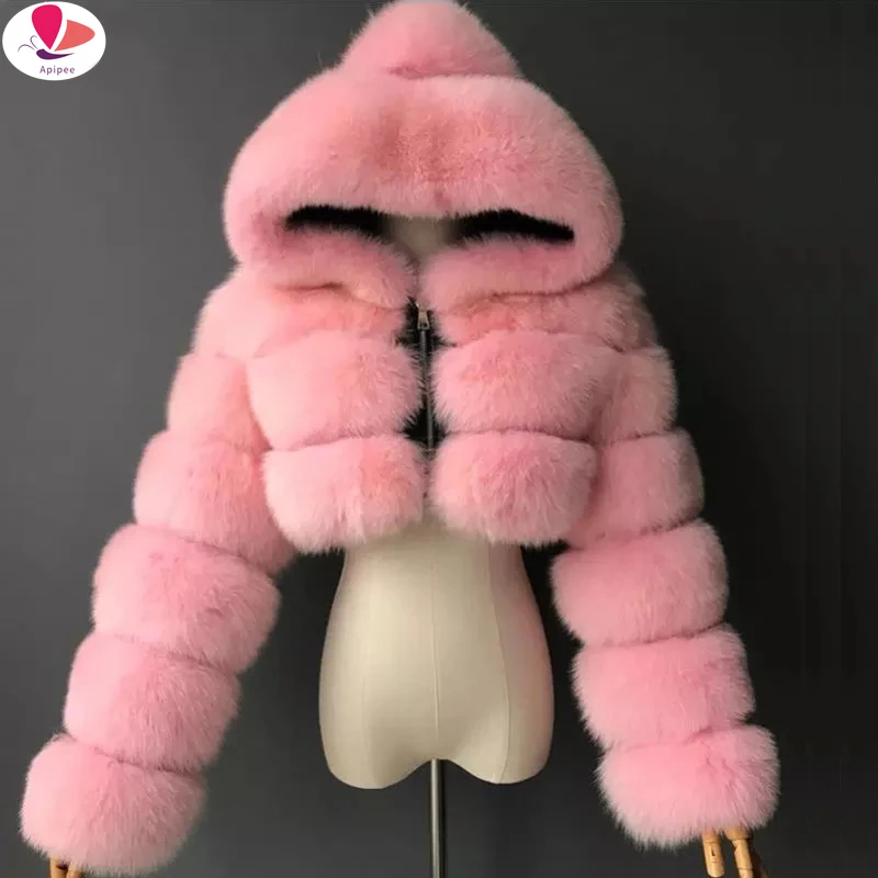 

APIPEE High Quality Furry Cropped Faux Fur Coats and Jackets Women Fluffy Top Coat With Hooded Winter Fur Jacket Manteau Femme