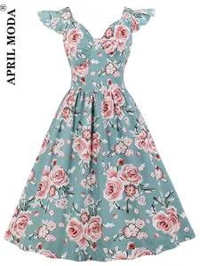 50s Flare Sleeve Cotton Vintage Pleated Dress Elegant Floral Print Retro High Waist Women Summer Flare Swing Pinup Tunic Dresses