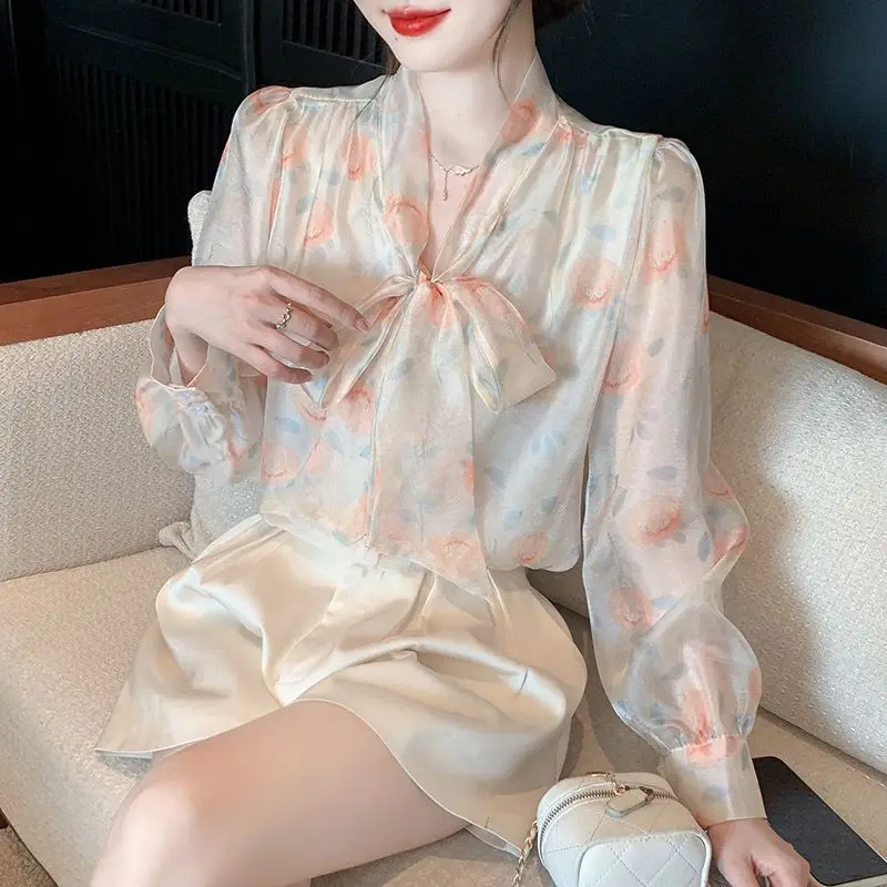 여성용 긴팔 쉬폰 프린팅 셔츠, 얇은 레이싱 언더코트 상의, 우아한 오피스 레이디 스위트 블라우스, 용수철 가을, 2024 신상