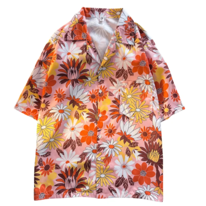 Summer Men's Short Sleeve Flip Collar Vintage Floral Shirt Fashion Casual Beach Vacation Loose Fitting Printed Shirt Coat