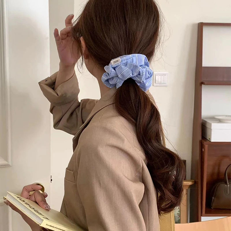 

Fresh Cloth Stripe Blue White Girl Head Rope Large Intestine Hair Ring Hair Rope Korean Style Headwear Women Scrunchies Hair Tie
