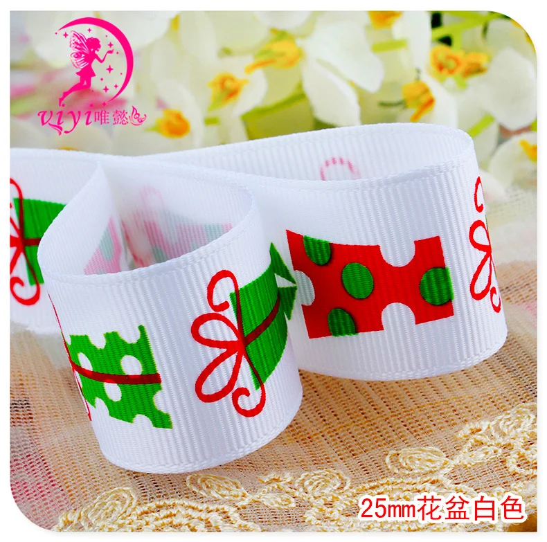 10mm 25mm Green Red White Christmas Tree Snow Santa Claus Printed Grosgrain Ribbons Glitter Metallic Letter Printed Ribbon Ruban