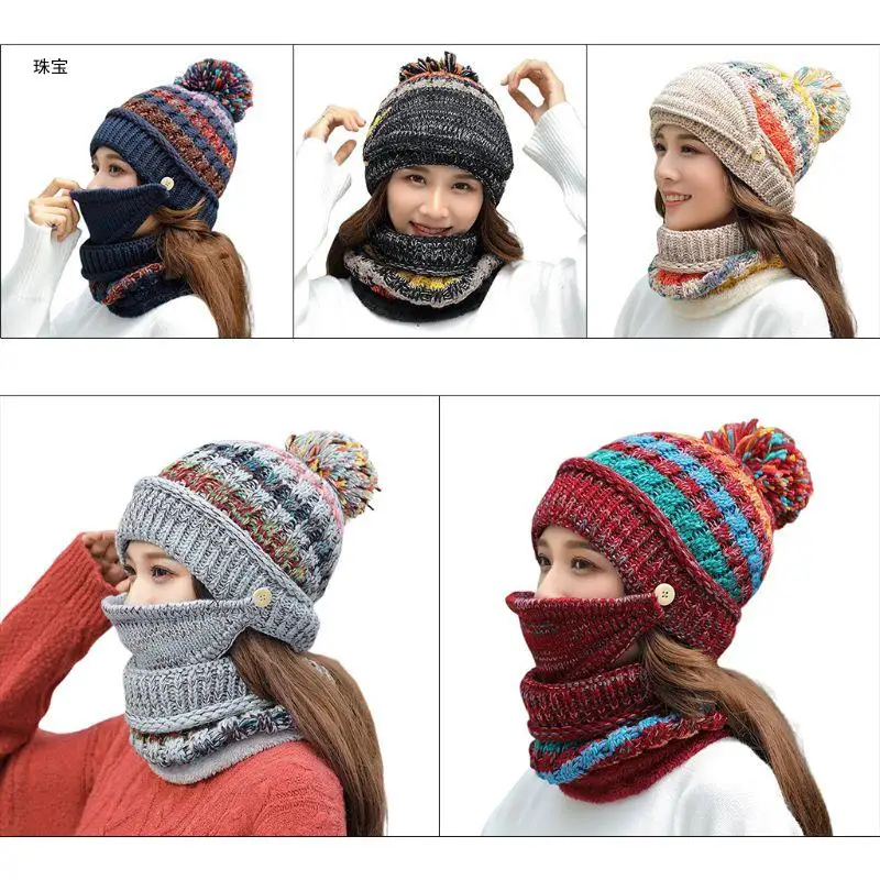 

X5QE 3 Pcs/set Women Warm Mixed Color Knit Hat Scarf Mask Set Winter Trend Youth Casual Wool Hedging