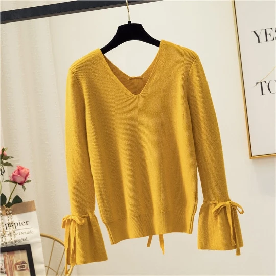 

2022 Solid Yellow Pullover Girl Woman Women Sweater V-Neck Knit Tops Casual Women's Sweaters Fall Spring Top Coat Cloth Suétere