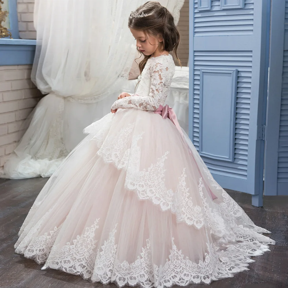 

Elegant Cute Lace Layered Bow Princess Flower Girl Dress Wedding Party Beauty Pageant First Communion Dresses Kids Birthday Gift