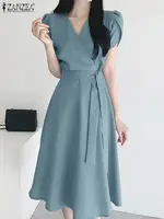Women Fashion OL Work Sundress ZANZEA Elegant Summer Short Sleeve Dress Casual Solid A Line Vestido Kaftan Sarafans Robe Femme - Image 3