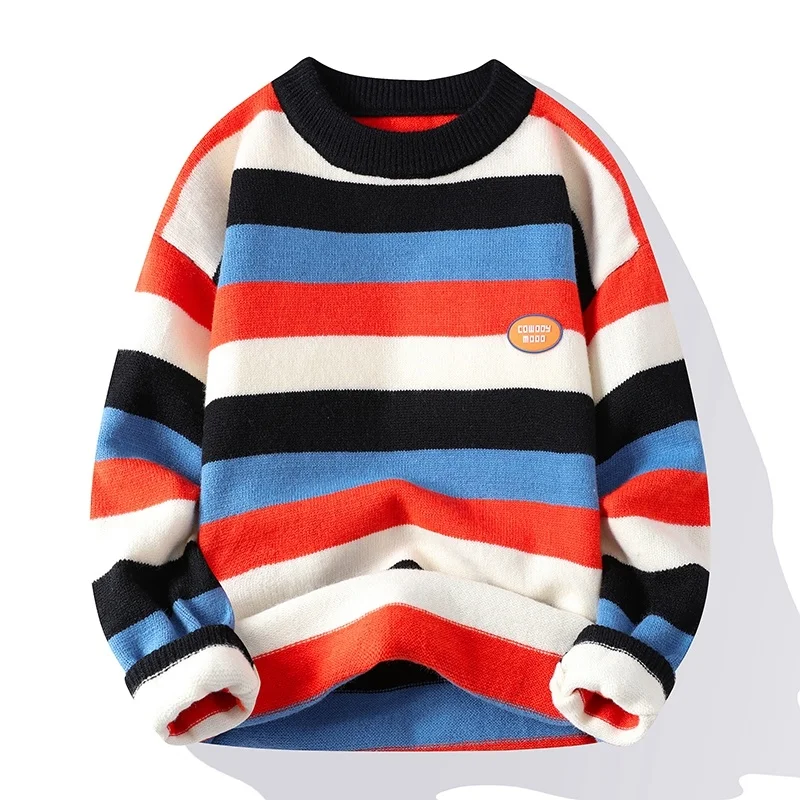 

Мужской свитер в полоску, Свободный пуловер, теплый плотный джемпер в рождественском стиле, зима 2023