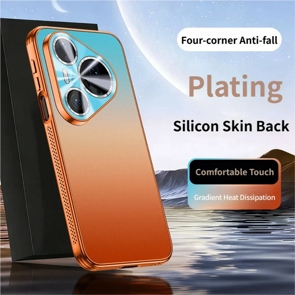 Plating Heat Dissipation Edge Gradient Silicon Leather Shockproof Phone Case with Lens Protection