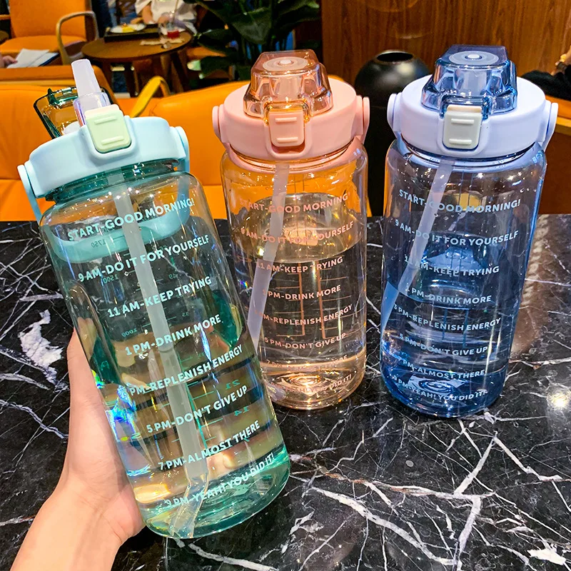 2 Liters Water Bottle with Time Marker Reusable Outdoors Sports Drinking Bottle Portable Plastic Cups with Straw High-capacity 1