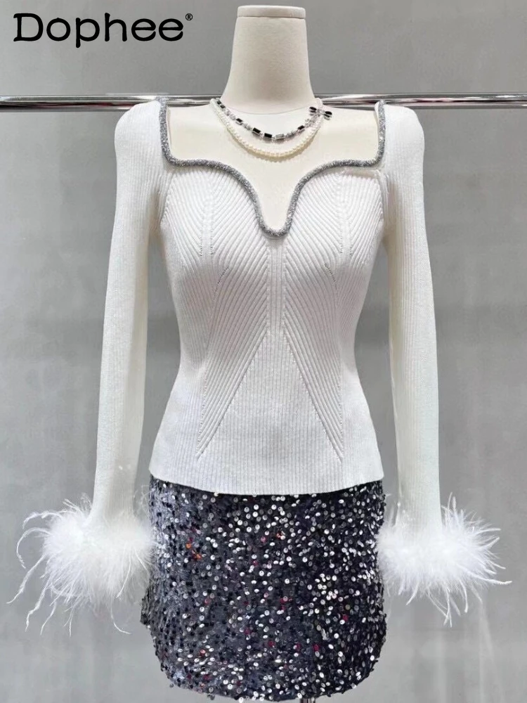 

Solid Color Long Sleeve Slim Fit Sweater 2024 Spring New U-Neck Long-Sleeved Feather Rhinestone Thread Knitted Top for Women