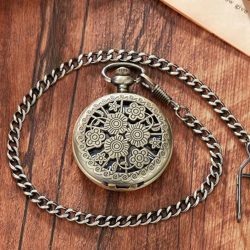Hollow Flower Pocket Watch Skeleton Steampunk Mechanical Fob Watches Vintage Clock Pendant Hand-winding Male Relogio De Bolso