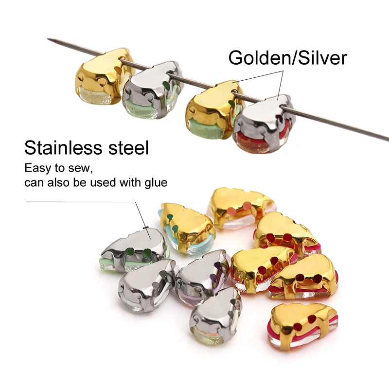 6x10mm 드롭렛 바느질용 라인스톤 오팔 크리스탈, 쥬얼리 액세서리용 실버 골든 메탈 베이스 바느질 스톤 유리 크리스탈