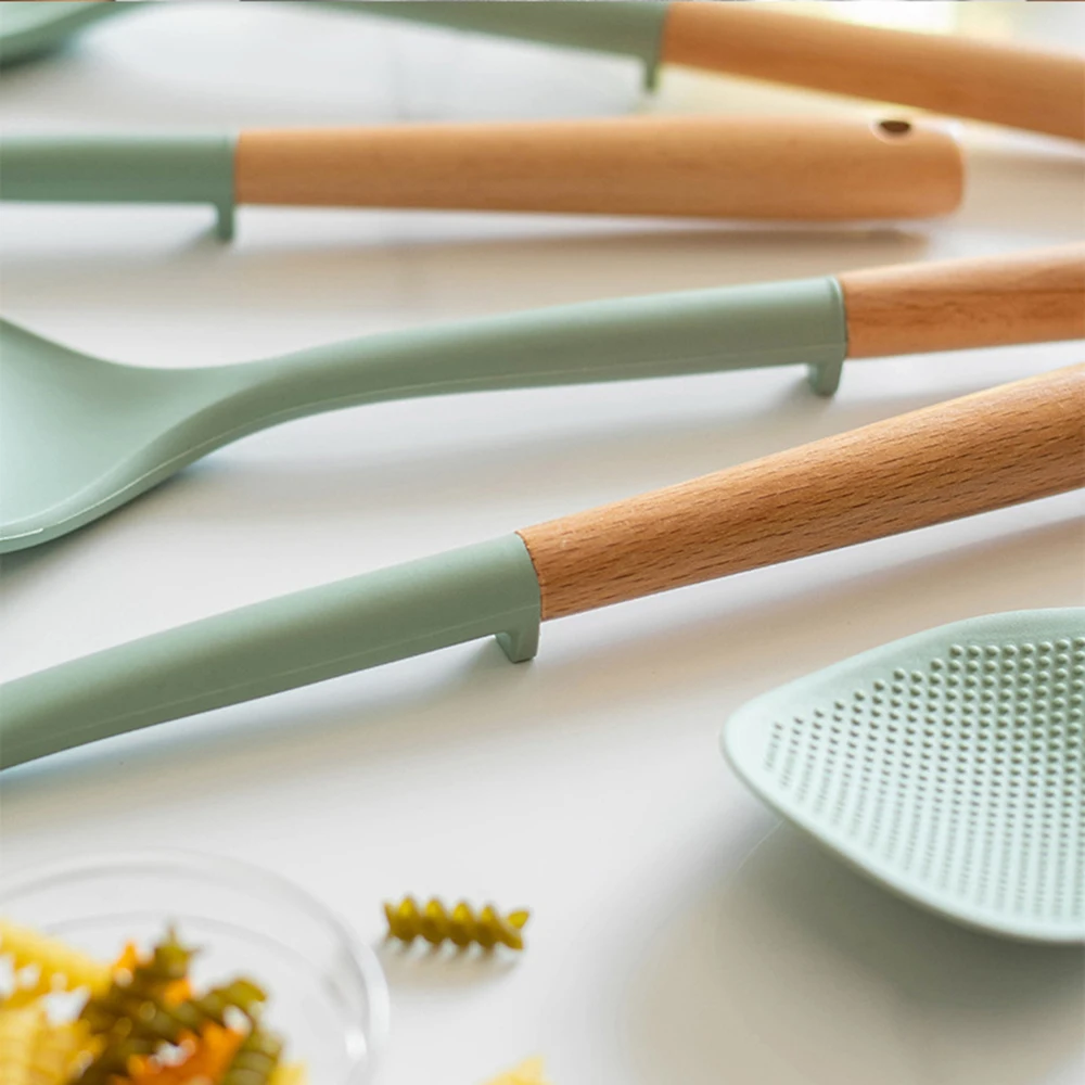 Kitchen Utensils 5Pcs Non-stick Silicone Wooden Handle Cooking Spatula Baking Storage Tool