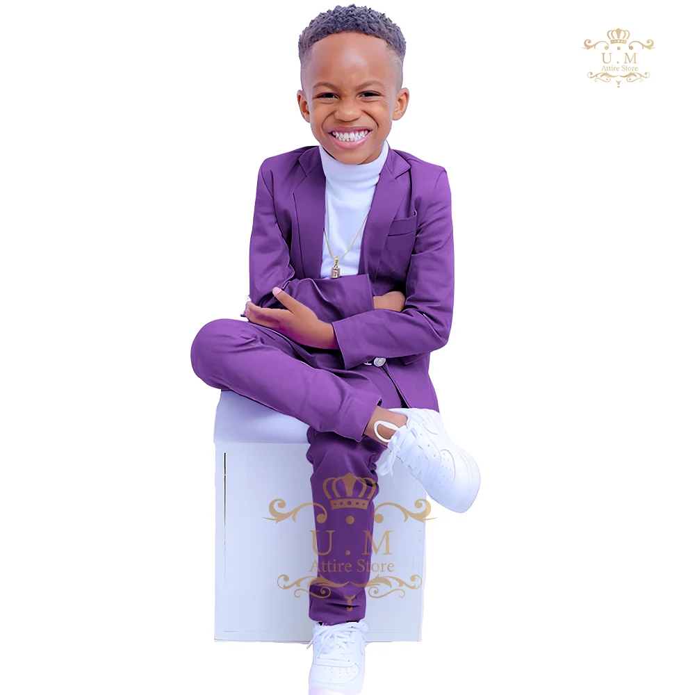Boys' 2-piece suit (jacket + pants) purple classic slim fit children's tuxedo wedding party birthday gift kids' attire
