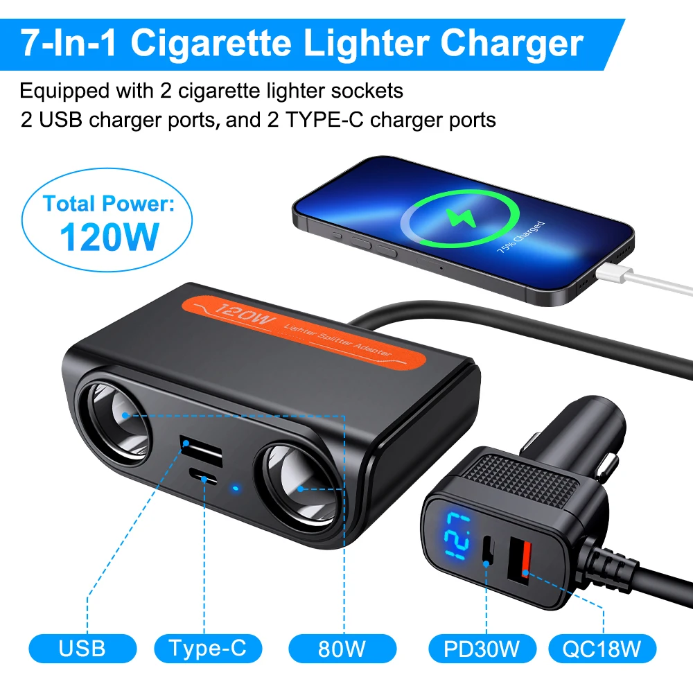 Car Cigarette Lighter Adapter USB PD Power Socket with LED Voltmeter Car Cigarette Splitter 120W 12-24V Auto Accessories