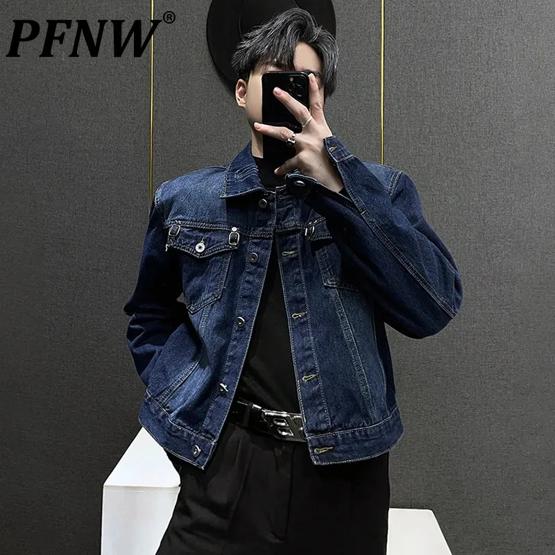 

PFNW Niche Design Washed Denim Jackets Men's Shoulder Pad Coats Vintage High Street Male Casual Tops 2023 Winter Trendy 28W2493
