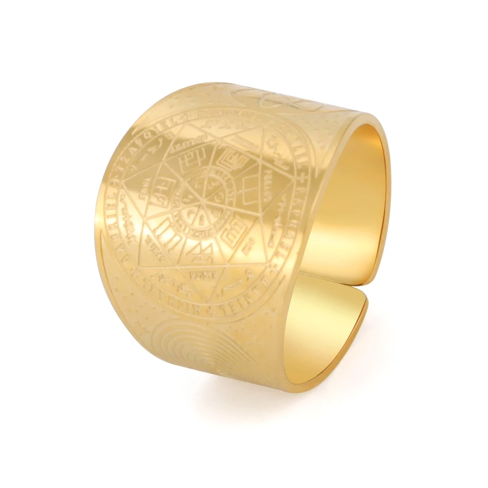 Kkjoy Edelstahl Goldfarben Kupfer Antike Bronze Sechseckiger Stern Magischer Kreis Mond Offener Ring für Männer Party Geschenk Einzelhandel – Detail 22