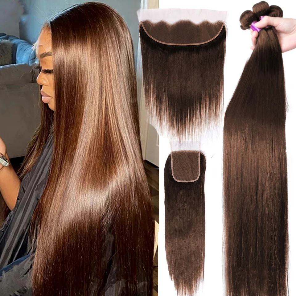 Chocolate Brown Hair Bundles Straight 5x5 Closure Brown Bone Straight