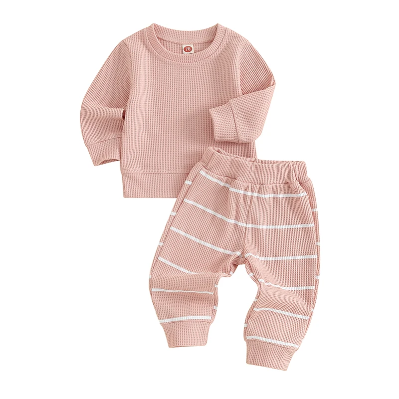 

Toddler Baby Girl Clothes Waffles Ovesized Sweatshirt Pullover Stripes Pants Infant Boy Spring Fall Outfit 6M-3T