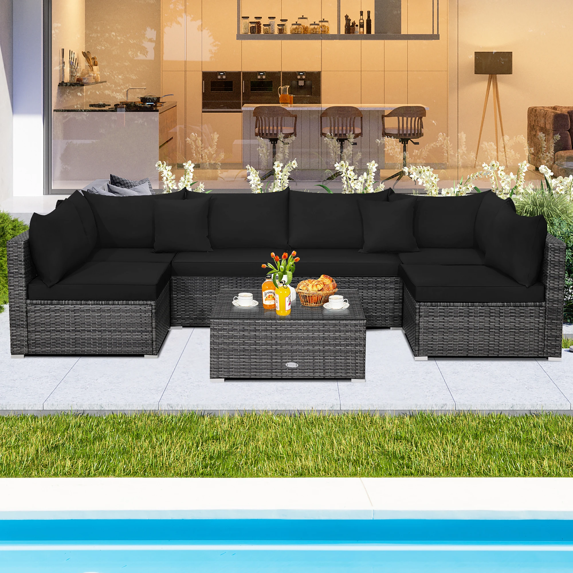 7PCS Patio Rattan Furniture Set Sectional Sofa Cushioned Garden Black 7PCS Patio Rattan Furniture Set Sectional Sofa Cushioned Garden Black