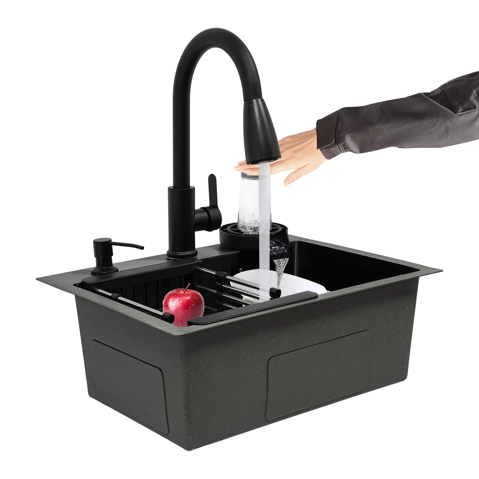 Küchenspüle aus Edelstahl mit ausziehbarem Wasserhahn/Tassenwascher/Seifenspender für Küchen, Restaurants, Dessertgeschäfte – Detail 19