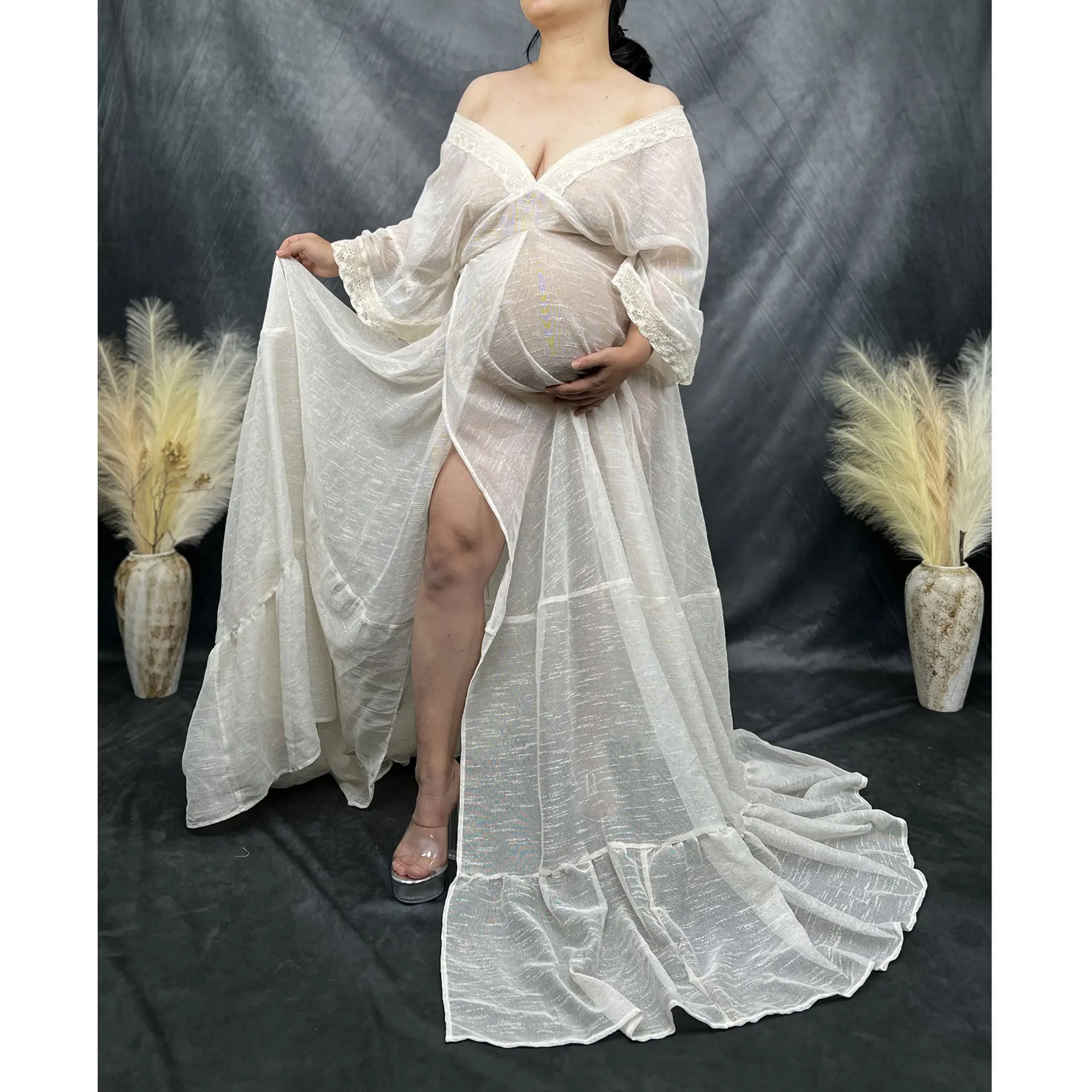 

Don&Judy Sexy Cotton Maternity Dress Side Split Photography Party Wedding Bridal for Pregnancy Women Photo Shooting Accessories