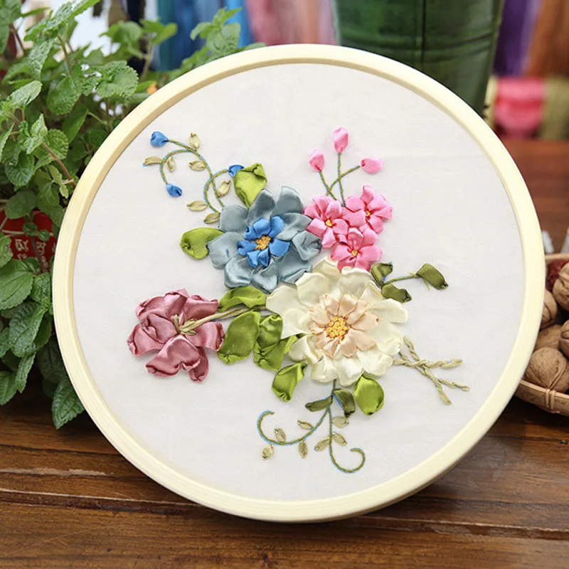 Silk Ribbon Embroidery Kit Handmade DIY Material Pack Flower Pattern Su Embroidery Set Semi finished Sewing Home Decoration