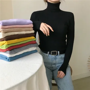 Women Heap Turtleneck Autumn Winter Sweater New Fashion Pullover Elastic Knit Ladies Jumper Casual Solid Soft Female Basic Tops