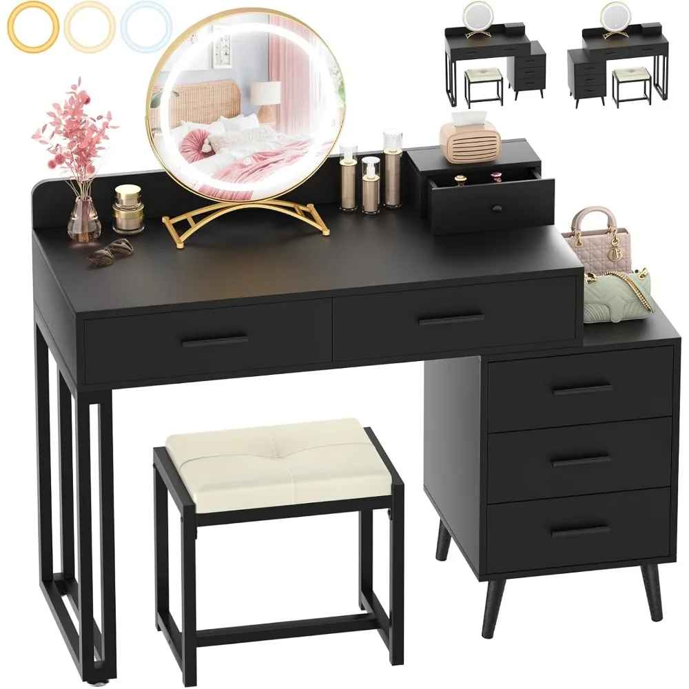 

Black Vanity Desk with Mirror and Lights, Modern Makeup Vanity Table Set with 6 Storage Drawers and Cushioned Stool for Bedroom,