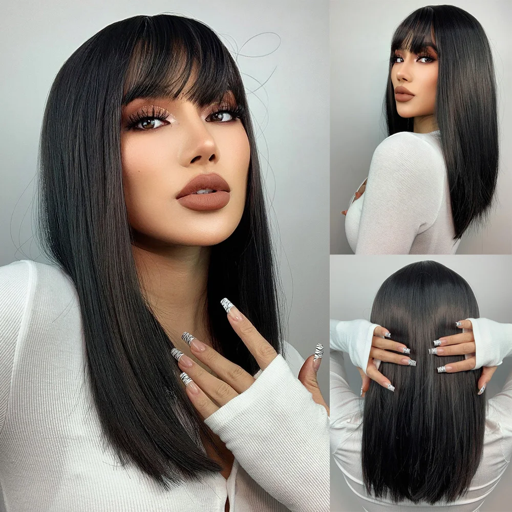 ALAN EATON Blonde Ombre-Platin-Synthetik-Perücken, mittellange, geschichtete Perücke mit Pony für Damen, täglicher Partygebrauch, hitzebeständig – Detail 10