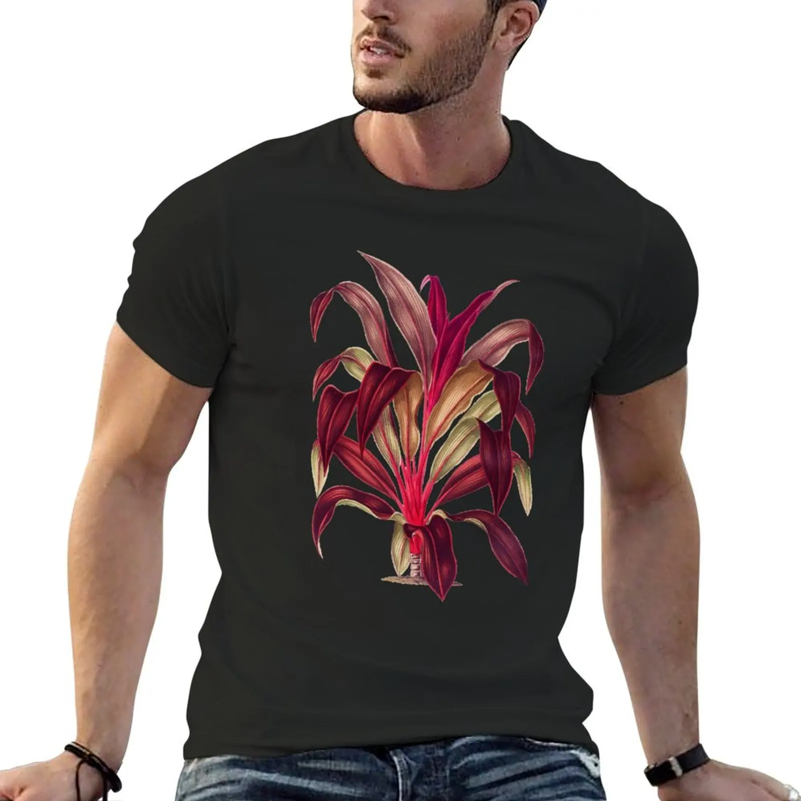 Ti plant-cordyline fruticos-camiseta de ilustración Botánica para hombre, camisetas negras lisas de sudor