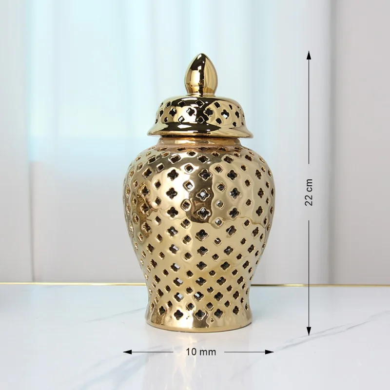 Pierced Gold Ceramic Vase Ginger Jar with Lid Hollow Out Storage Jar Bud Vase Carved Lattice Temple Jar for Room Home Decorative 3