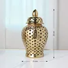 Pierced Gold Ceramic Vase Ginger Jar with Lid Hollow Out Storage Jar Bud Vase Carved Lattice Temple Jar for Room Home Decorative 3