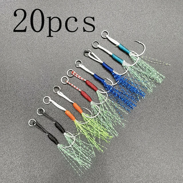 20pcs Fishing Hook Colorful Slow Jigging Cast Jigs Assist Hook Barbed  Single Jig Hooks Thread Feather Pesca High Carbon Steel - AliExpress