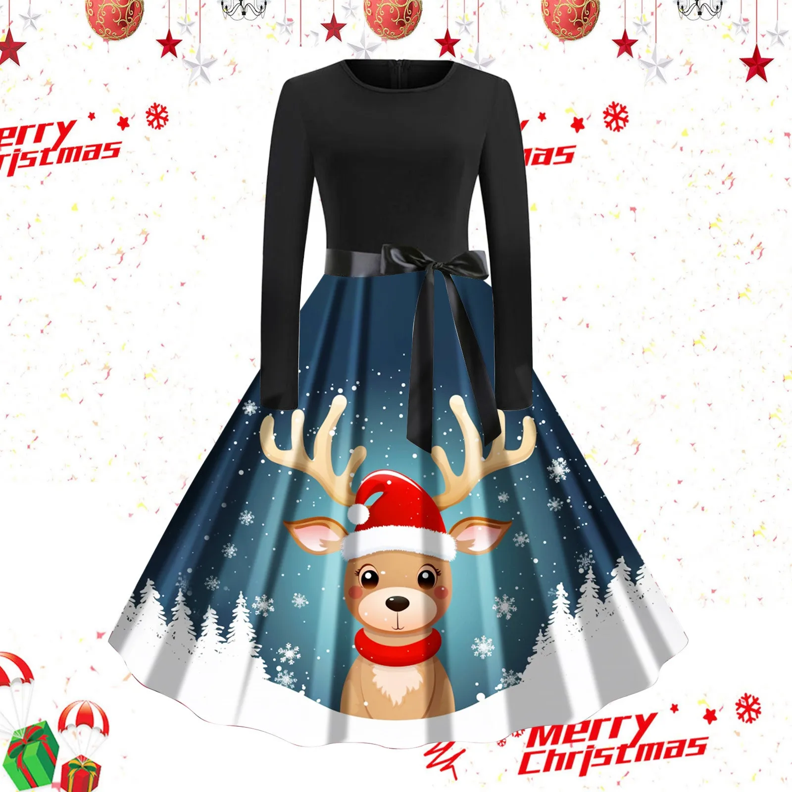 

Womens Fashion Christmas Animal Print Round Neck Long Sleeve Retro Casual Dress Three Frilly Dress Women