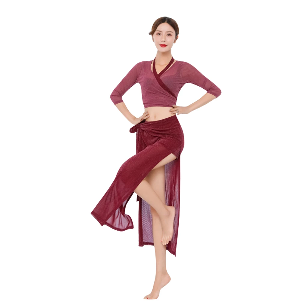 

Belly Dance Costume Set Women Oriental Practice Wear Professional Bellydance Top Solid Color Split Long Skirt Set Outfit Clothes