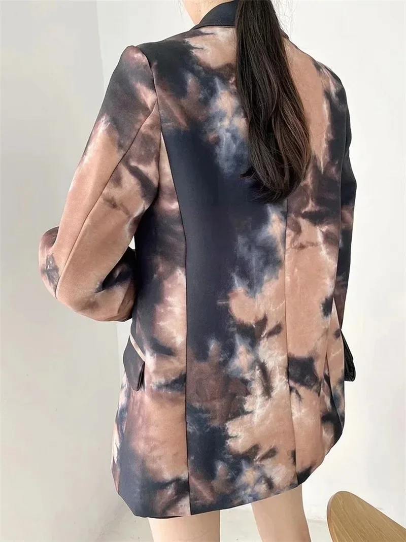 Ink Printed Patchwork Blazer 2024 Women Vintage Single Button Mid-Length Casual Office Blazer Suit New Fashion Streetwear Simple