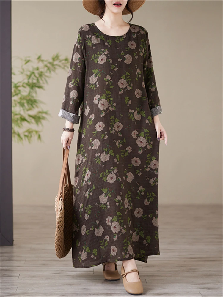 Cotton Vintage Print Long Sleeve Dress Women Autumn Casual Loose Dresses Office Lady Work Femme Robe Vestidos Elegant Clothing