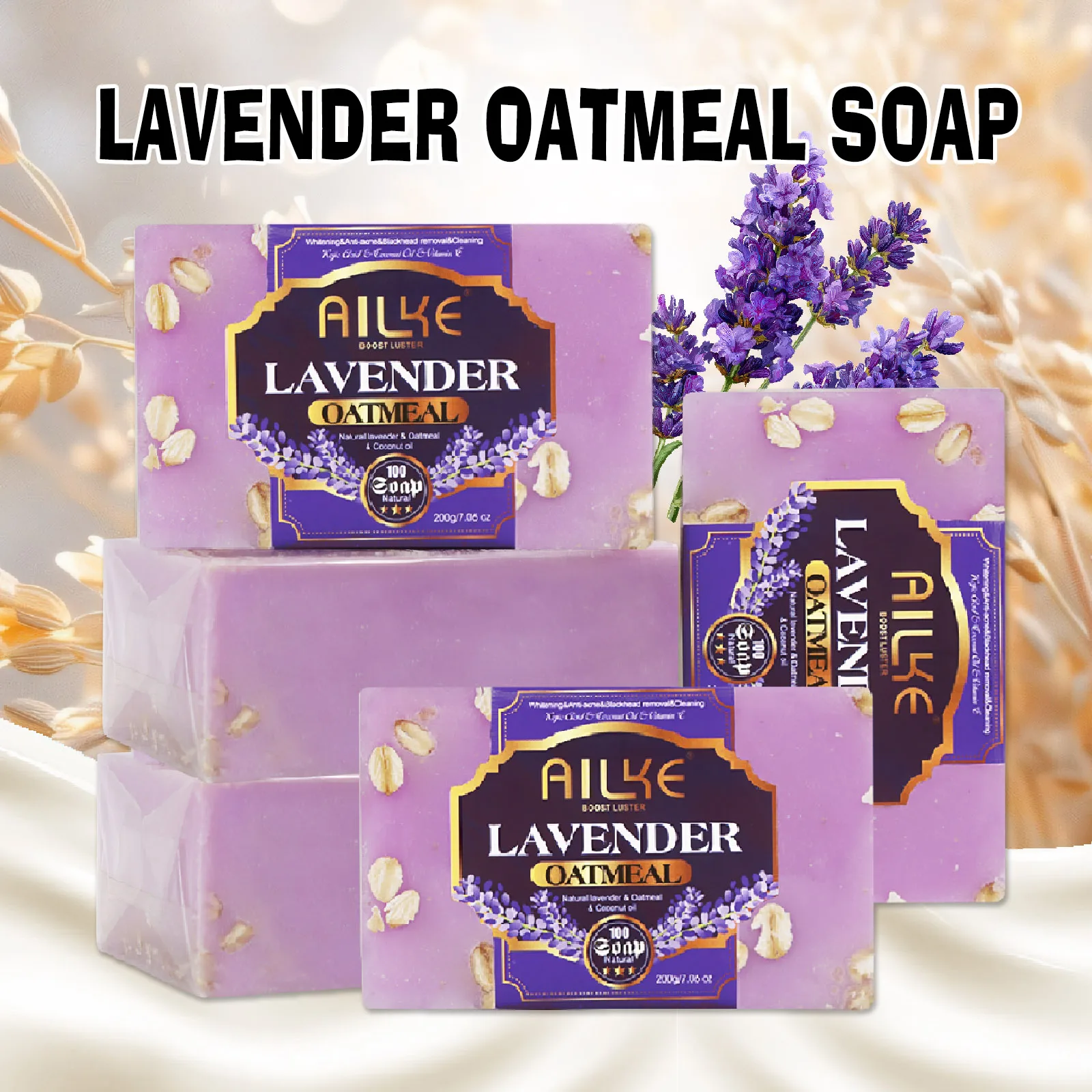 AILKE Lavender Oatmeal Whitening Soap Bar, Clean Skin, Anti Acne, Black Spots, With Coconut Oil, For All Skin Types, 200g