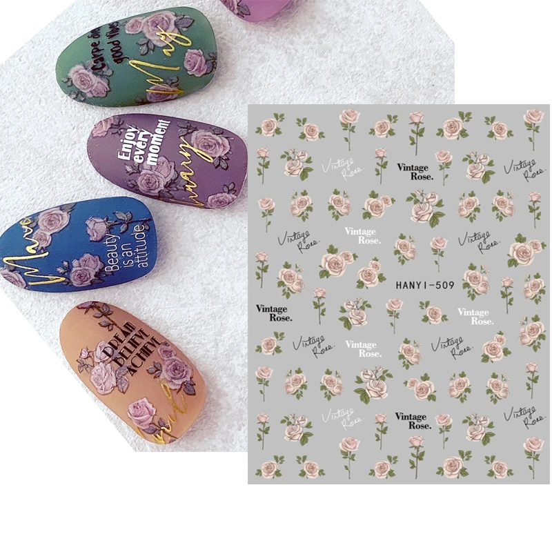 Nail Decals Vintage Roses Pink Flowers Full Tips Back Glue Nail Stickers For Nail Tips Beauty 16 tips beauty diy flash nail patch self adhesive nail wraps decals gradient color nail polish stickers waterproof nail strips