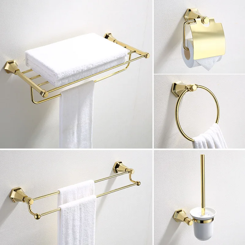 Luxury Golden Top Quality Brass Bathroom Hardware accessories Complete set towel rack Paper holder Toilet Brush Holder Robe hook
