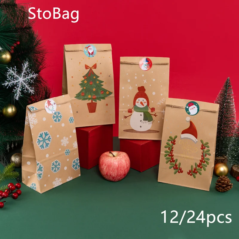 

StoBag-Merry Christmas крафт-бумажные пакеты для конфет Снеговик Санта-Клаус Детские сувениры для вечеринок товары для детского душа украшения 12 шт.