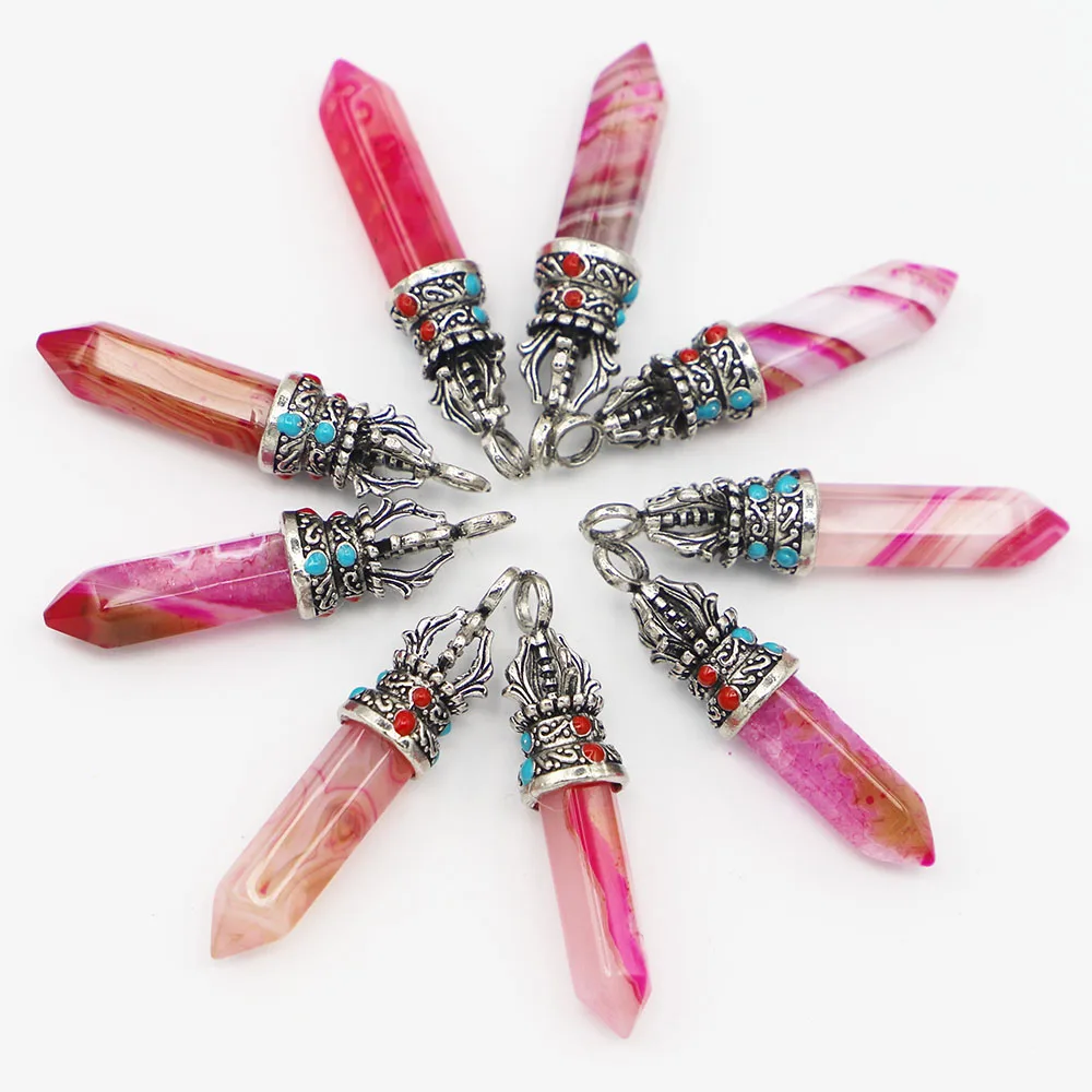 Free Shipping Natural Stone Hexagon Column Silver Crown Necklace Pendant Unisex Accessories DIY Jewelry Making Wholesale 20P/Lot