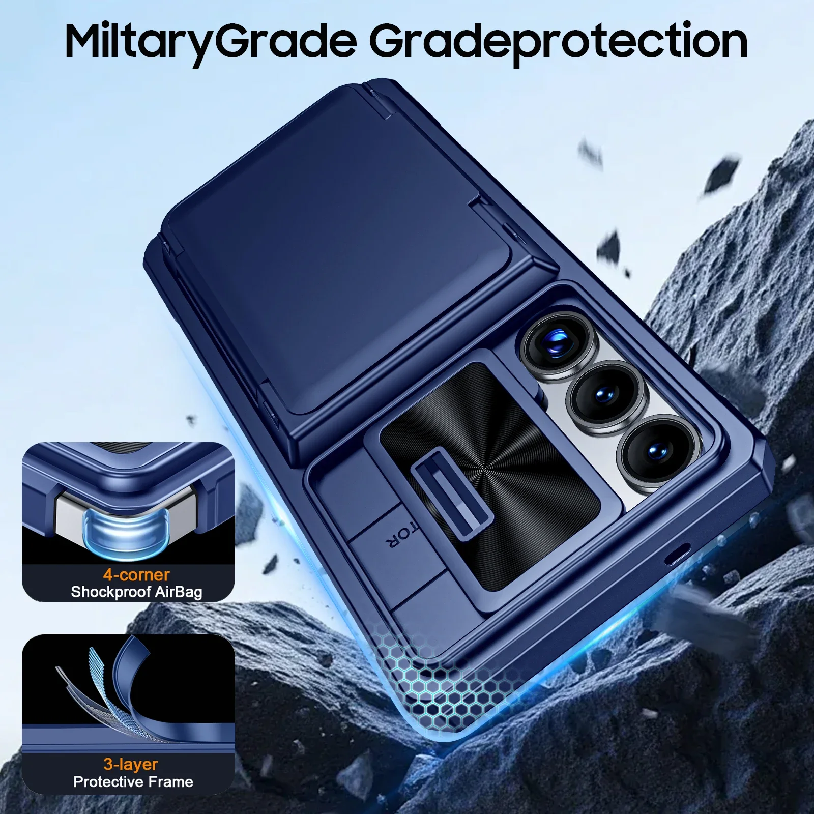 Rugged Blue Silicone Protective Phone Case with Wallet and RFID Card Holder & Camera Cover