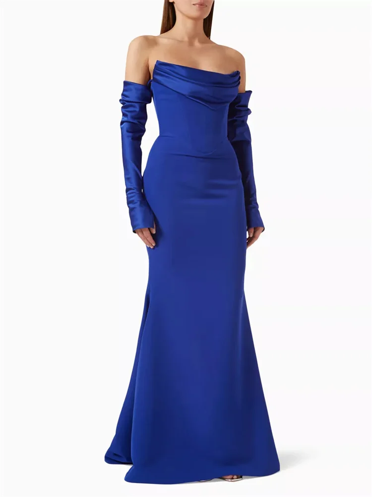 New Off Shoulder Ruched Neckline Detachable sleeves Satin Evening Dress Open Back Zipper Floor Length Sweep Train Gown For Women