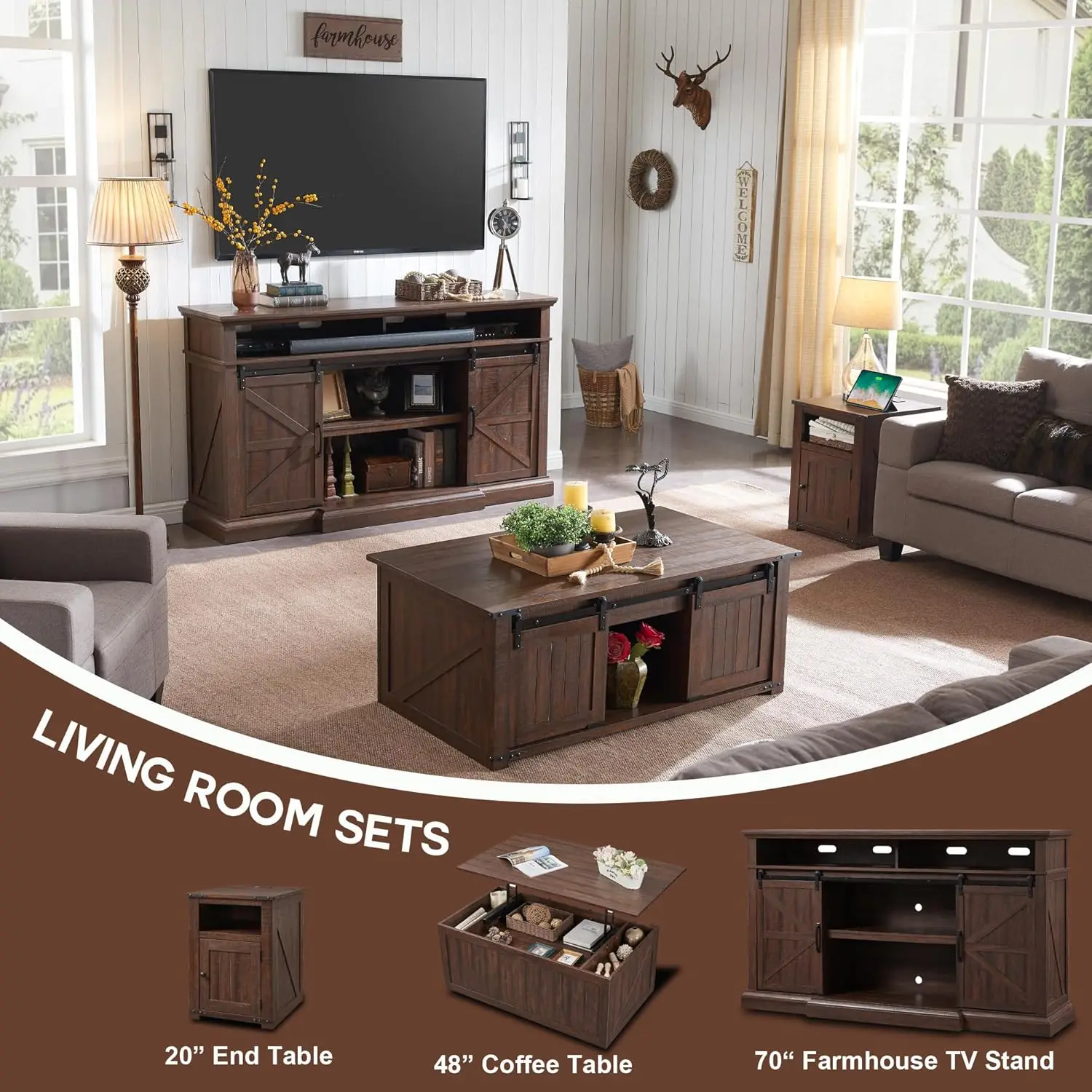 Rustic Wood Nightstand End Table, 20" Brown with Charging Station Farmhouse w/Groove Barn Door Sofa Side Bedside Table w/Open