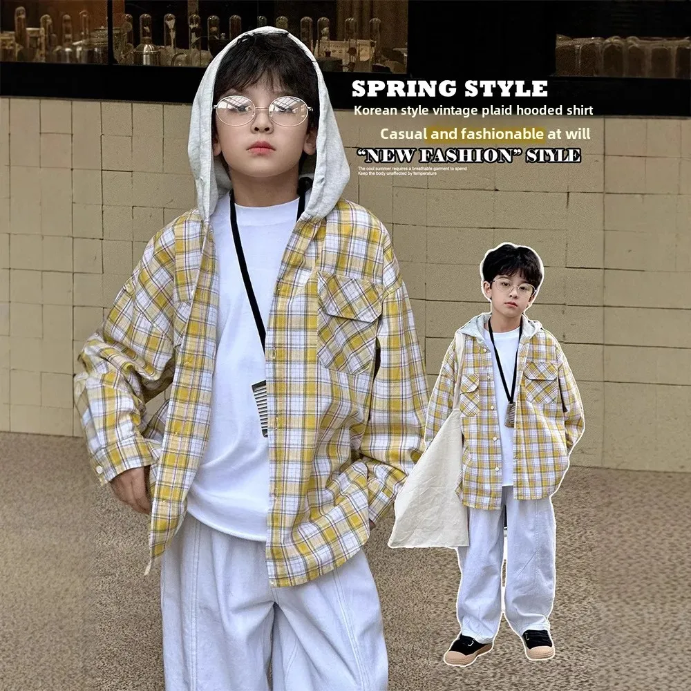 Boys Plaid Shirt with Hood Color Block Stylish Top Korean Version Cross Cultural Children's Clothing from Mainland China