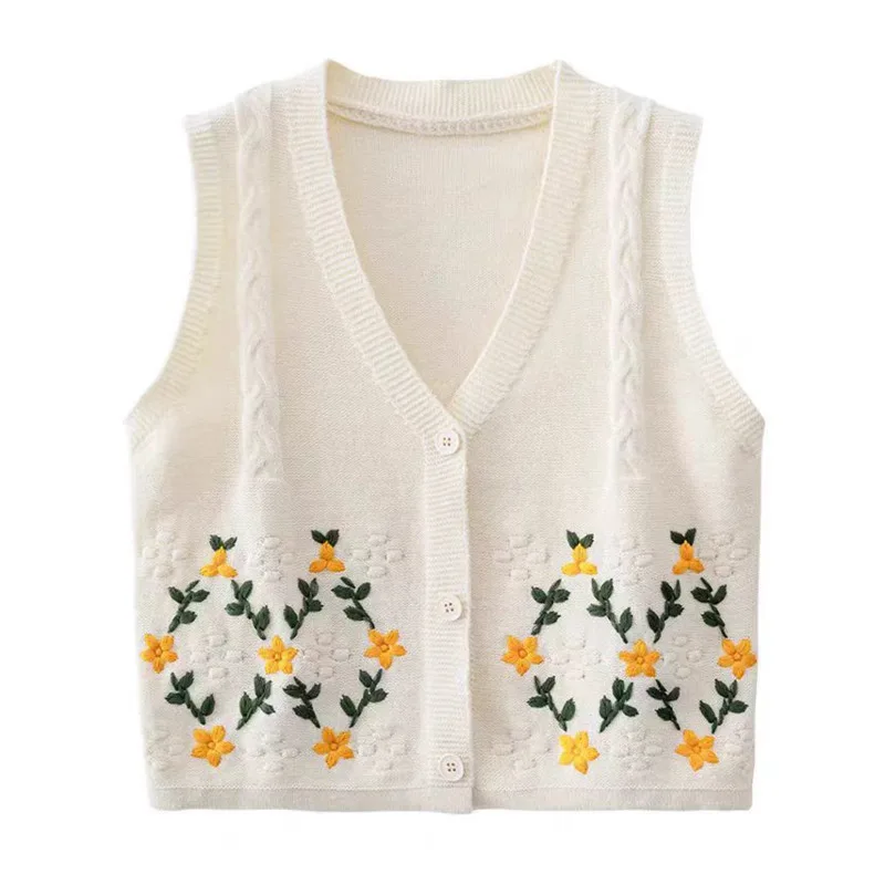 Flower Embroidery Sleeveless Sweater Vest Women 2024 Spring Autumn