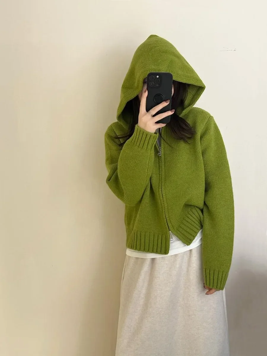 

Korean Clothes Y2k Woman Clothing Zipper Hooded Shirt Sweater Coat Women's Hoodies Autumn Short Wear Long Sleeves Knit Cardigan