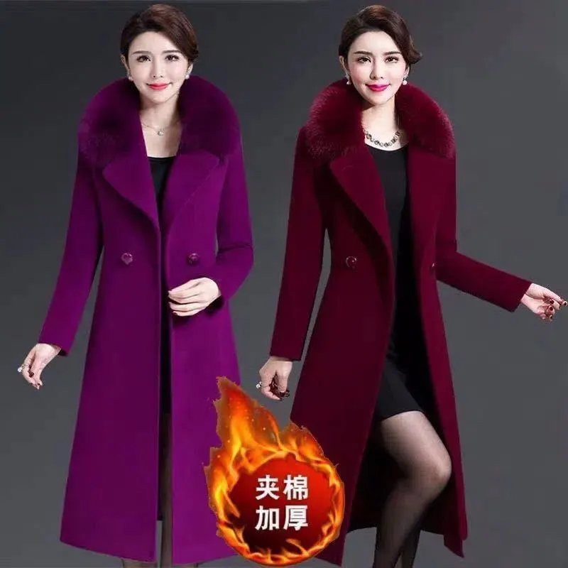 

2023 Autumn New Real Shot Gigh-Grade Medium Long Woolen Coat Women Plus Cotton Slimming Double Breasted Temperament Coat Female